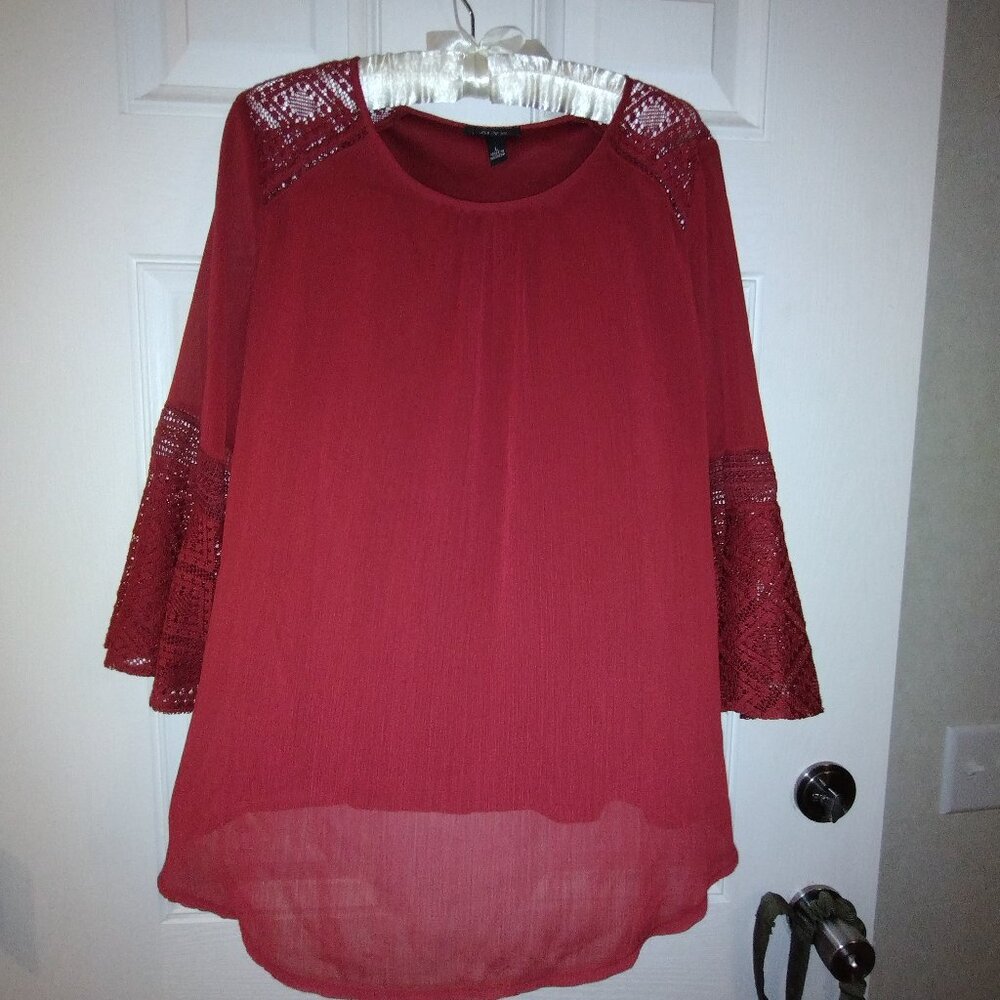 LADIES SHEER TOP WITH DAINTY BELL SLEEVES & CROCHET DETAIL